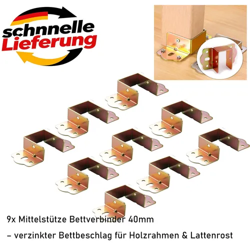 9x Mittelstütze Bettverbinder 40mm – verzinkter Bettbeschlag für Holzrahmen & La