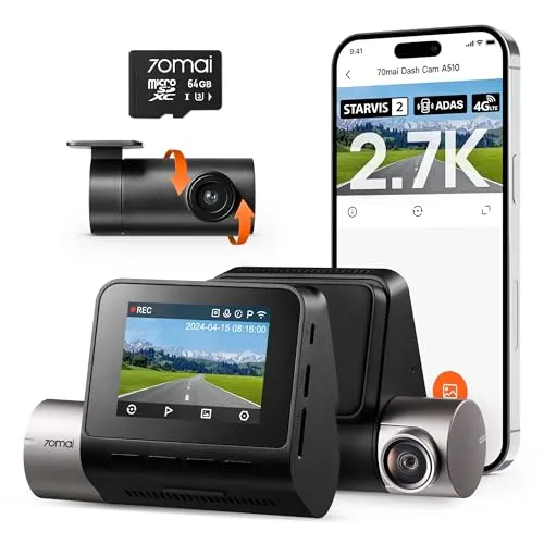 70mai Dashcam Auto Vorne Hinten A510, 2.7K 1944P+1080P Dash Cam STARVIS 2 Dual HDR Nachtsicht, Autokameras mit Parküberwachung, GPS, G-Sensor, ADAS, Loop-Aufnahme, App-Steuerung, 64GB SD Karte