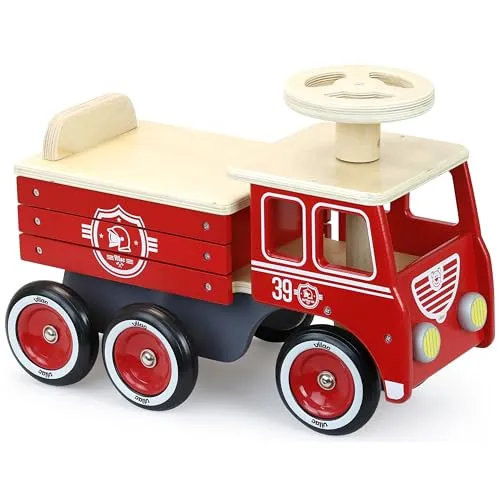 Vilac Holz Vintage Rollenspiel Rutscher Feuerwehrauto, Hat Aufbewahrungsbox, 6 Stabile Leise Gummiräder, Anti-Kipp-System, Entwickelt Balance, Koordination, Für 1,5 bis 3 Jahre Kinder unter 20 kg, 50