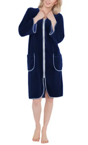 Aquarti Damen Velours Bademantel - Kurz mit Reißverschluss in Dunkelblau 5XL - Bademäntel für Damen, kuscheliger Velours, ideal für entspannte Momente und den perfekten Tragekomfort.