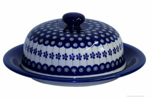 Bunzlauer Keramik Käseglocke Ø20cm - Große runde Butterdose, Dekor 166a - Speiseglocken: Robuste Käseglocke aus Bunzlauer Keramik mit großem Tellerdurchmesser für Käse, Butter und Häppchen. Schützt vor Austrocknung und Insekten, ideal für Familien und Gäste.