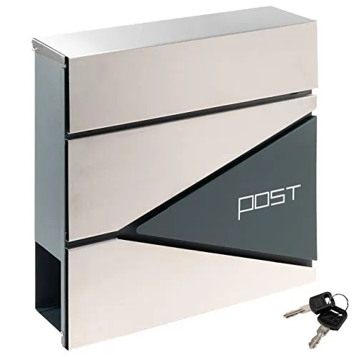 Wand-Briefkasten OLE Zeitungsfach Anthrazit Silber Edelstahl abschließbar 2 Schlüssel Design-Postkasten 37x36x10,5 cm Zeitungsrolle Wandmontage