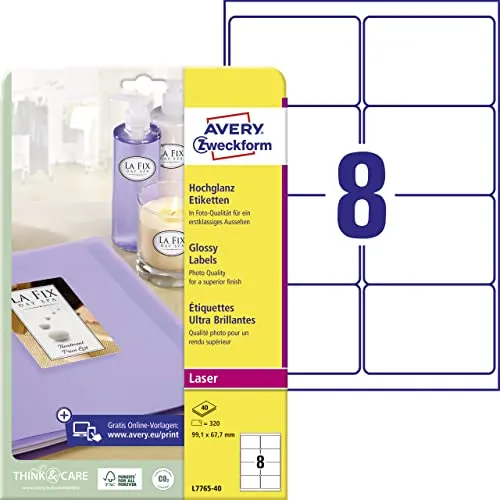 AVERY Zweckform L7765-40 Hochglanz-Etiketten - 320 selbstklebende, hochglänzende Aufkleber (99,1x67,7mm) auf A4, ideal für Laser-Drucker. Perfekt für Geschenke, Produktauszeichnung und mehr - umweltfreundlich und einfach selbst zu bedrucken!