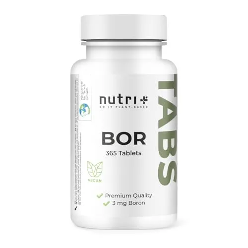 Nutri + Bor Tabletten 365x - 3 mg aus hochwertigem Borax - hochdosiert + vegan - frei von Füllstoff & Zusatzstoffen – laborgeprüft - Jahresvorrat