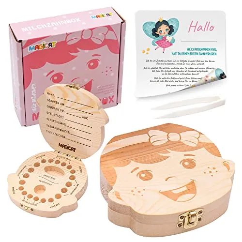 Magicat Premium Milchzahndose Mädchen, Zahndose aus Holz, Dose zur Aufbewahrung von Milchzähnen, Baby Milchzähne Box als Geschenk zum Geburtstag oder Taufe, inkl. Pinzette und Zahnfee Geschichte