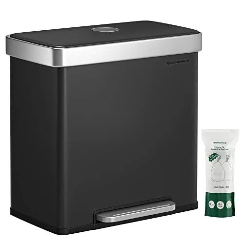 SONGMICS Mülleimer Küche, 2 x 30 Liter, Mülltrennsystem, 2 Fächer, 15 Müllsäcke, Abfalleimer aus Edelstahl, Inneneimer aus Kunststoff, mit Deckel, Softclose, 58,2 x 31,5 x 60,5 cm, schwarz LTB202B01