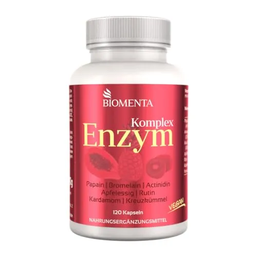 BIOMENTA Bromelain + Papain Enzym Komplex hochdosiert (300 + 600 mg/Tag)- 120 Kapseln -Synergetischer Wirkstoffkomplex mit Actinidin, Apfelessig, Rutin, Kardamom, Kreuzkümmel