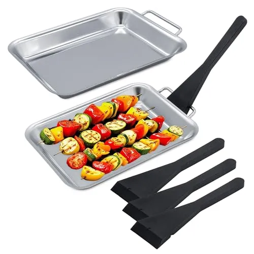 Edelstahl Grillpfännchen Set lebensmittelecht - 6-teilig - Metall Pfännche für den Grill mit Schaber - Grillpfanne Grillgeschirr Grillzubehör Servierpfännchen mit Spatel Griff für Käse Gemüse Fisch