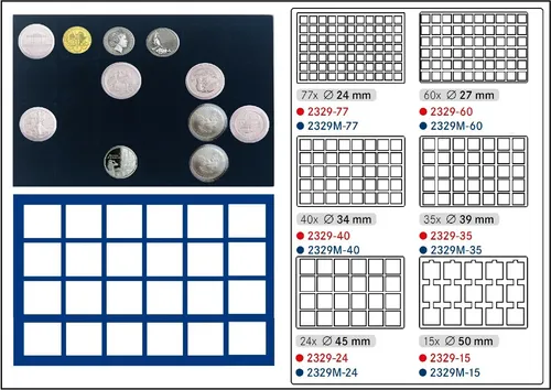 Lindner-2329M-24-Münztableaus-Einlagen-blau-24-quadratische-Fächer-45-mm