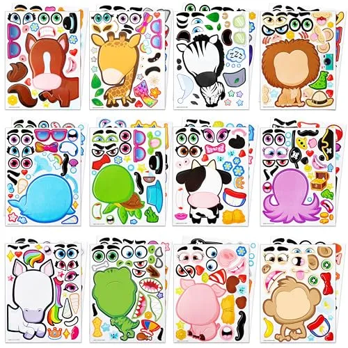 JOYIN 24 Stück 15,2 x 22,9 cm Make-a-Gesichts-Aufkleberbögen zum Selbermachen von Tieren, Mix and Match Stickerbögen mit Safaris, Meer und Fantasy-Tieren, Kinder-Partyzubehör, Basteln