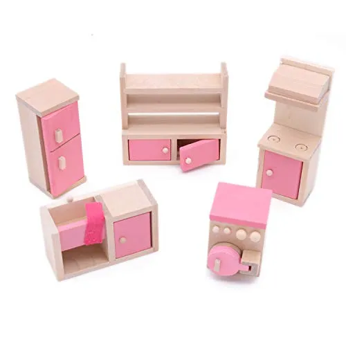 POFET Puppenhaus-Möbelset aus Holz, Spielzeug für Babys, Kinder, Kinder, Kühlschrank, Spüle, Schrank, Herd, Waschmaschine, Küche, Zimmer