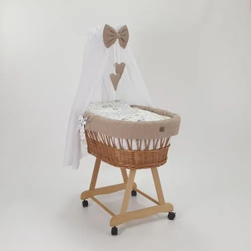 Wiklinopol Stubenwagen Lena, braun mit Gestell - Bettwäsche-Set für Stubenwagen mit 5-teiligem Zubehör, inkl. antiallergischer Matratze und Voile-Baldachin – perfekt für Neugeborene von 0 bis 6 Monaten.