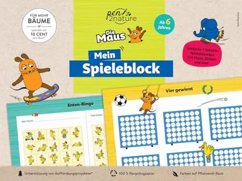Die Maus - Mein Spieleblock: Über 80 Spielvorlagen für Kinder ab 6 Jahren I Nachhaltiger Spiel-Spaß auf 100% Recyclingpapier (pen2nature Die Maus)
