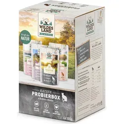 WILDES LAND Katze 100gx4 Probierbox Pouch - Getreidefreies Futter, sorgt für Abwechslung und ist besonders bekömmlich für anspruchsvolle Katzen
