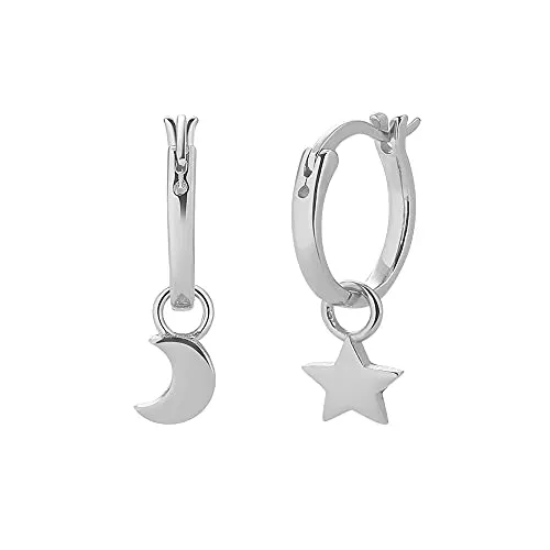 Sterling Silber Creolen mit Anhänger Ohrringe für Damen, Mädchen und Frauen Kreolen hängend klein mit Mond und Stern (Silber) 925