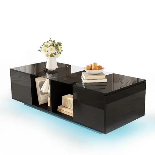 Moderner Couchtisch Schwarz mit LED-Beleuchtung 120x50x38,5cm - Stylischer Couchtisch mit hochglänzender Tischplatte und individueller LED-Beleuchtung in 16 Farben. Bietet praktischen Stauraum und fügt sich elegant in jedes Wohnambiente ein.