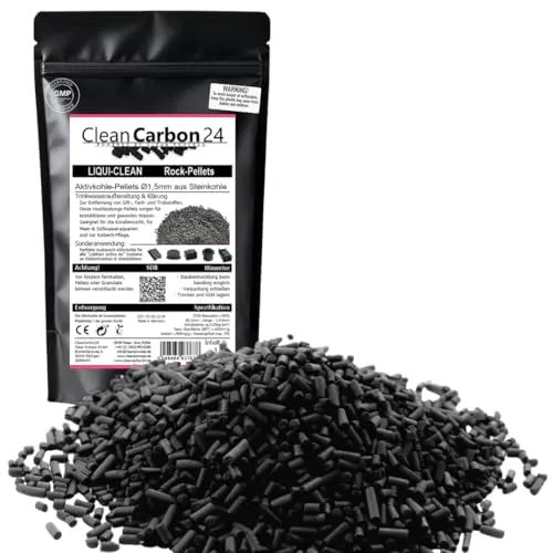 CleanCarbon24 Mikro-Aktivkohle-Pellets Ø1,5 mm | Flüssig- & Geruchsfilter | Aktivkohle für Kühlschrank, Aquarium, Teich, Weinkühler | HOCHAKTIV & Feinpelletiert (1L | 0,5Kg)