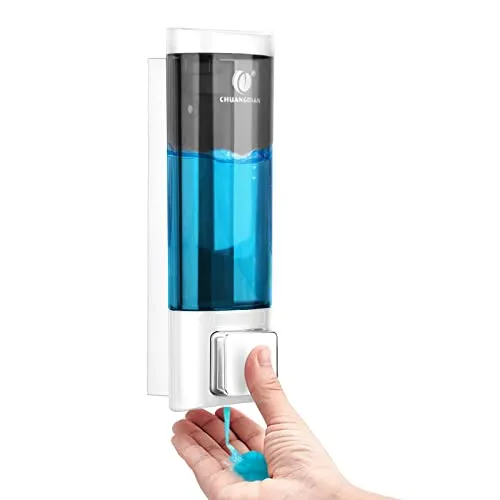 REAQUE Seifenspender Wandbefestigung Ohne Bohren, 200ml Seifenspender Manueller Spender für Duschgel/Shampoo/Desinfektionsmittel, Spülmittelspender für Dusche Weiß