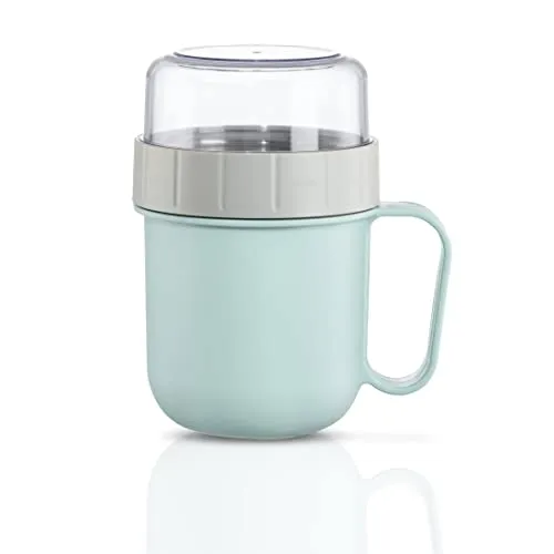 Xavax Müslibecher 2 Go, 500+200 ml (2 Fächer, Müslibecher für z.B. Joghurt, Milch, extra Topper für Müsli, Obst, Cornflakes etc., auslaufsicherer To Go Becher, spülmaschinenfest) Pastellblau/Grau