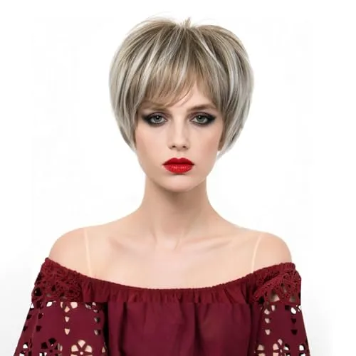 Becus Perücke Damen Kurz Blond Pixie Cut Fluffy Synthetische Perücke Kurze Haare Blonde Ombre Dunkle Wurzel Geschichtetes Haar mit Pony Perücken für Frauen Täglicher Gebrauch (Ascheblond)