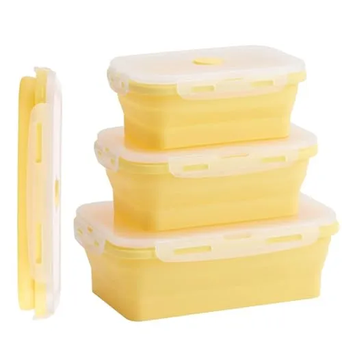 König Design Faltbare Frischhalteboxen 4 Stück Faltbare Frischhaltedosen Brotdosen aus Silikon Faltbare Silikon Brotbox Silikon Frischhaltedosen Silikon Faltbare Set (Gelb)
