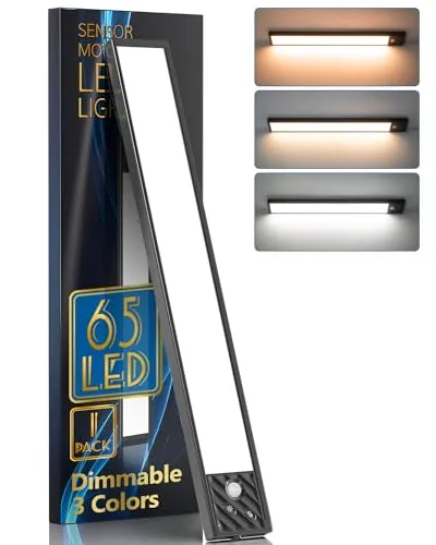 HIBOITEC Unterbauleuchte küche 3 Farbmodi Dimmbar, 65 LEDs Schrankbeleuchtung mit Bewegungsmelder, Led Licht mit Batterie 2500 mAh USB Aufladbar Sensor Licht Für Schrank Kleiderschrank Treppen