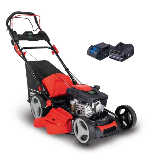 Scheppach MS173-51E Benzin Rasenmäher - 51cm Schnittbreite mit E-Start - Sichelmäher mit leistungsstarkem 4-Takt-Benzinmotor, Elektrostart und 7-stufiger Höhenverstellung für einfachen Einsatz in jedem Garten. Inklusive 65L Fangkorb und integrierter Reinigungsfunktion.