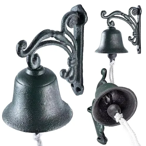 KADAX Türglocke aus Gusseisen, Gartenglocke mit Kordel, Dekorative Wandglocke im Rustikalen Stil, Glocke für Außentür, Wandmontierte Türklingel (Grün)