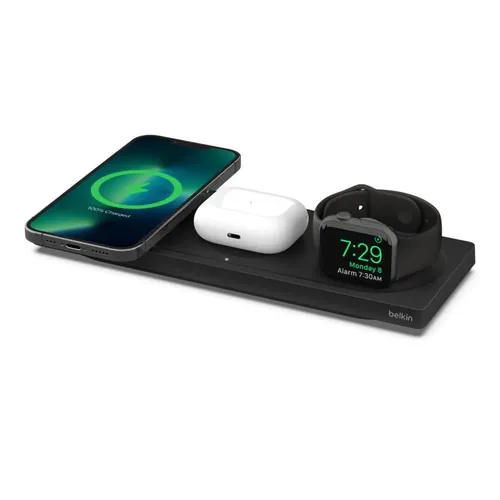 Belkin MagSafe 3-in-1-Ladegerät - MFi-zertifiziertes Ladepad für iPhone 16/15/14/13/12, schnelles Laden der Apple Watch und modernes Design für unterwegs