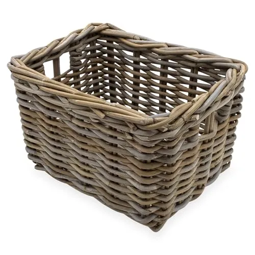 Rattan Aufbewahrungkorb rechteckig shabby grau - 34 x 24 cm - Regalkorb aus Weide geflochten mit Griffen - Holzkorb Weidekorb Rattankorb Holz Deko Korb Bad Regal Schrank Organizer