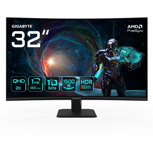 GIGABYTE GS32QCA EU – 32 Zoll Curved Gaming Monitor - 32 Zoll Curved-Gaming-Monitor mit WQHD-Auflösung und 180 Hz Bildwiederholfrequenz für ein flüssiges Spielerlebnis, ideal für Gamer.