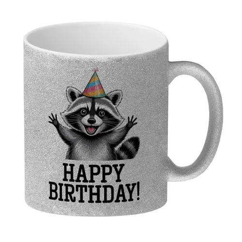 Cartoon-Waschbär Happy Birthday! Glitzer-Kaffeebecher