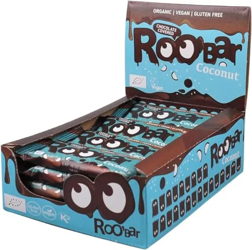 Roobar Kokos-Riegel mit Schokoladenüberzug – 100% Bio, Vegan, Fruchtriegel, milchfrei & glutenfrei, ohne raffinierten Zucker - 16 x 30g Riegel
