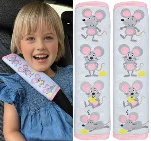 HECKBO 2x Kinder Auto Gurtpolster Gurtschutz mit Maus Motiv - Sicherheitsgurt Polster für Kinder und Babys - Ideal für jeden Gurt Autositzerhöhungen Kinder Fahrradanhänger Flugzeug