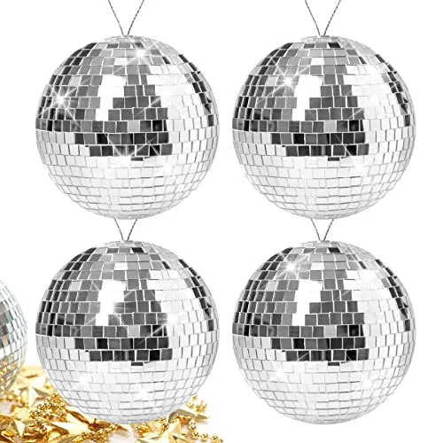 10cm Spiegelkugel Discokugel, 4 Stück Silber Spiegelkugel Disco Kugel Disco Ball Mirrorball Hängekuge für Party Geburtstag Hochzeit Dekoration Lichteffekt
