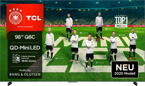 TCL 98Q8CX7 QLED Mini LED-Fernseher - Fernseher mit 98 Zoll Bildschirmdiagonale, 4K Ultra HD, Google TV und beeindruckendem Audio von Bang & Olufsen für ein erstklassiges Fernseherlebnis.