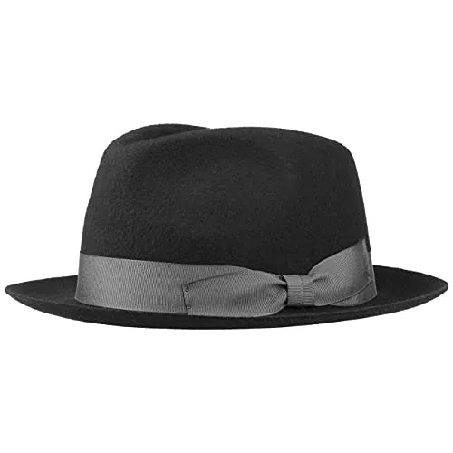 Lipodo Morten Filzhut Made in Italy Unifarbener Wollfilzhut mit Ripsband Herbst/Winter Fedora mit asymmetrischer Schleife Damen Herren schwarz XL (60-61 cm)