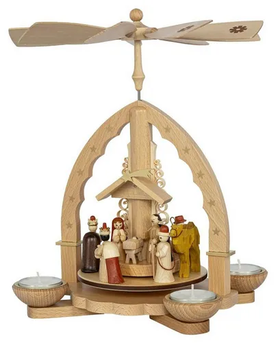 Erzgebirgische Volkskunst Richard Glässer Weihnachtspyramide Christi Geburt 27 cm - Handgefertigte Weihnachtspyramide aus dem Erzgebirge, Höhe 27 cm, für 4 Teelichte und inklusive Adapter für Pyramidenkerzen – ein traditionelles Kunstwerk für festliche Stimmung.