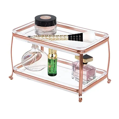 mDesign Traditioneller Kosmetik Organizer auch für Schmuck – edler und rostfreier Make-Up- und Schmuckkasten für jeden Raum – moderner Schminktisch mit 2 Etagen – durchsichtig/rotgoldfarben
