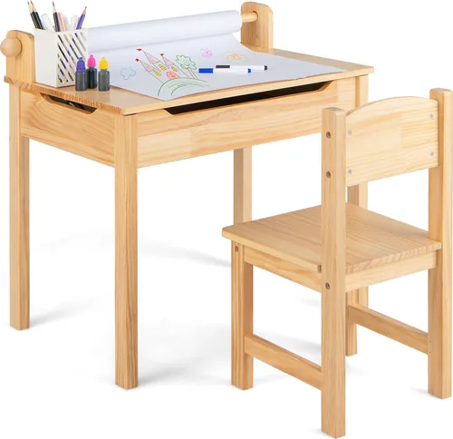 COSTWAY Kinderschreibtisch mit Stuhl - Kinderschreibtisch-Set mit klappbarer Tischplatte und Papierrollenhalter, ideal zum Lernen, Zeichnen und Spielen – sicher und robust für Kinder ab 3 Jahren.