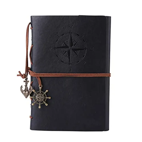 Maleden Reisetagebuch, Vintage-Stil, nachfüllbar, hochwertiges PU-Leder, klassisch geprägt, Reisetagebuch, Notizbuch mit leeren Seiten und Retro-Anhängern (Schwarz)