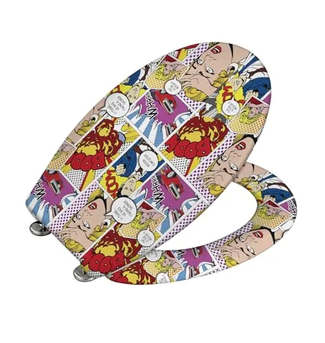 WENKO WC-Sitz Pop-Art - WC-Sitz mit Comic-Motiv, antibakteriell und mit sanfter Absenkautomatik für leises Schließen. Ideal für hygienische Toiletten, auch in öffentlichen Räumen.