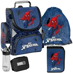Schulranzen Set SPIDERMAN 5-teilig für Jungen & Mädchen – Paso Ranzen mit Mäppchen, Tasche, Flasche, Frühstücksbox
