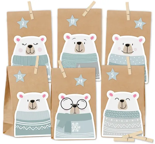Adventskalender zum Befüllen mit Holzklammern, Eisbärmotiven und Zahlenaufkleber