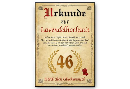 Tigerlino Poster Urkunde zum 46. Hochzeitstag Geschenk 46. Jahrestag Karte Ehepaar, Lavendelhochzeit