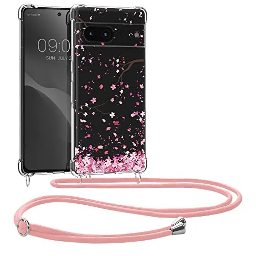 kwmobile Necklace Case kompatibel mit Google Pixel 7 Hülle - Silikon Cover mit Handykette - Rosa Dunkelbraun Transparent Kirschblütenblätter
