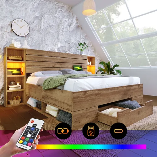 STILVORA Massivholzbett 180×200cm Doppelbett mit LED-Beleuchtung und USB,Stauraumbett mit Stauraum-Kopfteil und Schubladen,Eiche(Ohne Matratze)