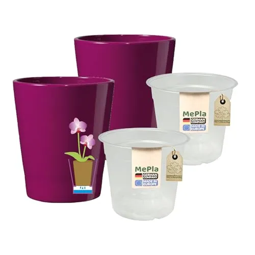 MePla - 2 Stück - SK Soendgen Orchideenübertopf Merina ø 14 Brombeer + Pflanztopf Orchidee ø 12, hochwertiges Wohnambiente
