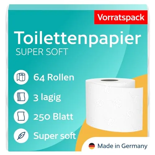 Rollen Toilettenpapier 3-lagig – 250 Blatt pro Rolle – 100% Zellstoff – Made in Germany – 8 x 8 Stück - für Zuhause, Gewerbe, Industrie, Hotels, Gastronomie 64