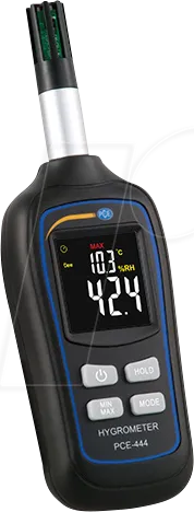 PCE Instruments PCE-444 Luftfeuchtemessgerät - Temperatur- und Feuchtemessgerät für präzise Messungen, kompakt und ideal für unterwegs, mit Einhandbedienung und HOLD-Funktion.